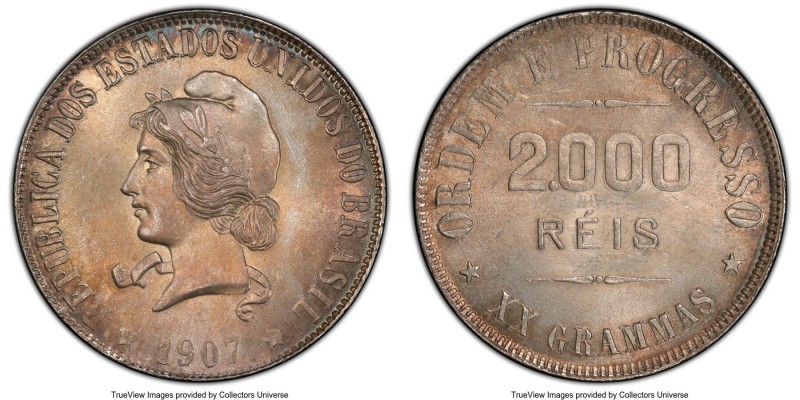 Republic 2000 Reis 1907 MS65 PCGS, KM508. An exceptional representation of the t...