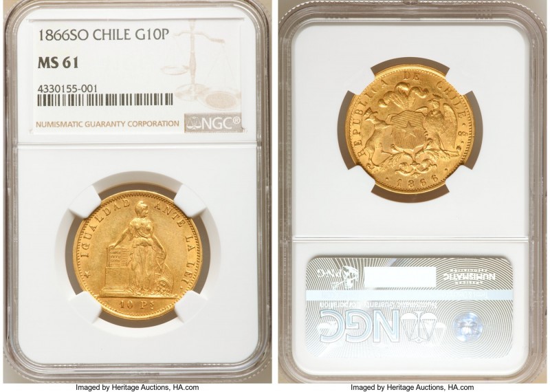 Republic gold 10 Pesos 1866-So MS61 NGC, Santiago mint, KM131. Honey-golden colo...