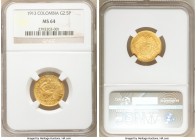 Republic gold 2-1/2 Pesos 1913 MS64 NGC, KM194. "Stonecutter" type. With eye appeal better than most and a small die clash to the bottom of the revers...