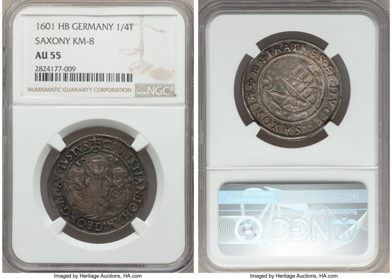 Saxony. Christian II, Johann Georg I & August 1/4 Taler 1601-HB AU55 NGC, KM8.
...