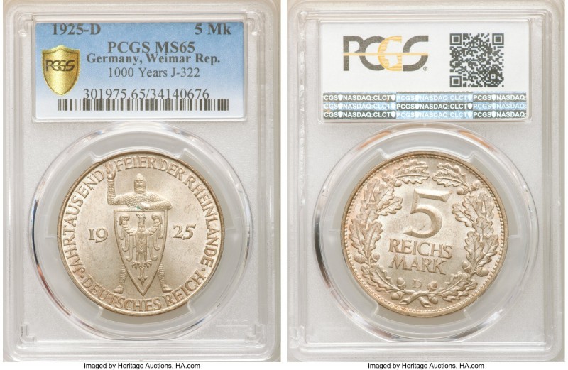 Weimar Republic "Rhineland" 5 Mark 1925-D MS65 PCGS, Munich mint, KM47, J-322. C...