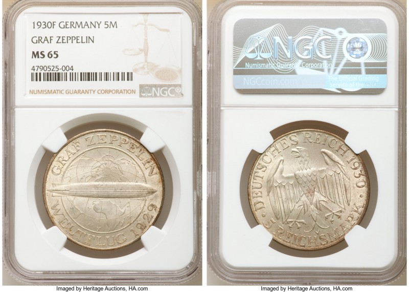 Weimar Republic "Zeppelin" 5 Mark 1930-F MS65 NGC, Stuttgart mint, KM68. Flight ...