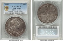 William III Crown 1696 VF30 PCGS, KM494.1, S-3470. 1st bust. Moderately circulated, yet with a pleasing degree of detail remaining owing to a sound st...