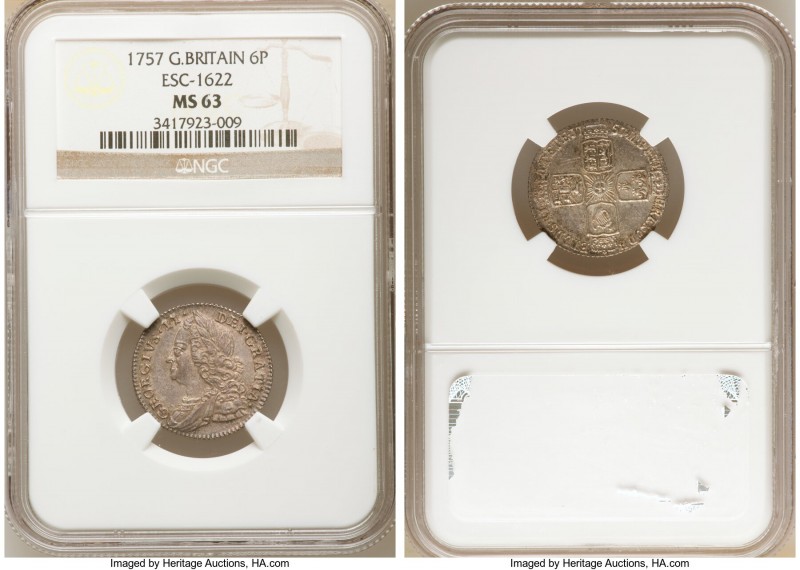 George II 6 Pence 1757 MS63 NGC, KM582.2, S-3711, ESC-1622. This choice example ...