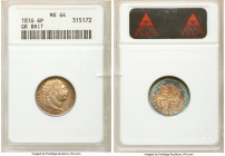 George III 6 Pence 1816 MS64 ANACS, KM665, S-3791. A beautiful example for the grade, exhibiting a champagne-golden obverse and neon hues to the rever...