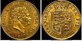 George III gold 1/2 Sovereign 1817 MS62 NGC, KM673, S-3786. A normal strike but retains some of its original luster and a few light hairlines. Ex. Eri...