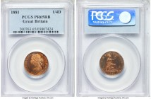 Victoria Proof Farthing 1881 PR65 Red and Brown PCGS, KM753, S-3958. Shield heraldically colored, 3 berries in wreath. A mostly red example with a tou...