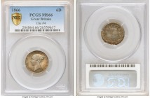 Victoria 6 Pence 1866 MS66 PCGS, KM733.2, S-3909. Die #4. A visually striking gem example with watery surfaces devoid of nicks.

HID09801242017

©...