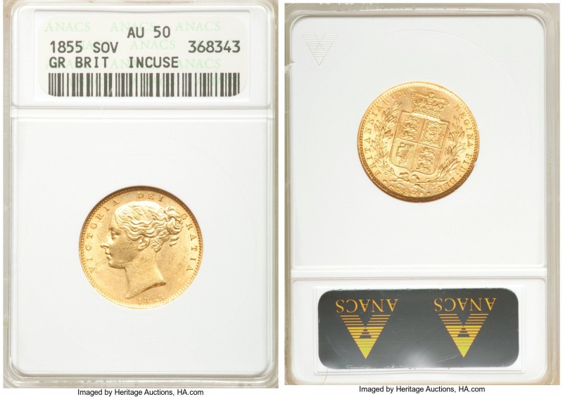 Victoria gold Sovereign 1855 AU50 ANACS, KM736.1, S-3852D. WW incuse on truncati...