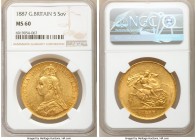 Victoria gold 5 Pounds 1887 MS60 NGC, KM769, S-3864. Jubilee head type. Pleasing and popular, this coin exhibits the slightest cabinet friction to the...