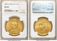 Victoria gold 5 Pounds 1887 MS60 NGC, KM769, S-3864. Jubilee head type. Despite heavy hairlines and scattered copper spots, this coin still exhibits s...