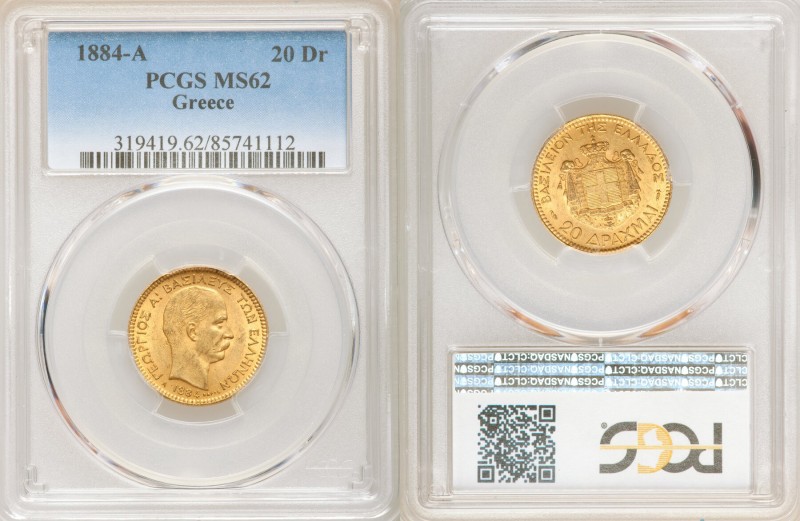 George I gold 20 Drachmai 1884-A MS62 PCGS, Paris mint, KM56. Often found in low...