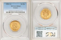 George I gold 20 Drachmai 1884-A MS62 PCGS, Paris mint, KM56. Often found in lower Mint State grade, this one-year type boasts subdued luster in the r...