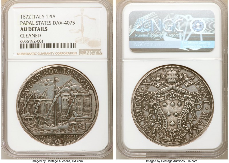 Papal States. Clement X Piastra MDCLXXII (1672) AU Details (Cleaned) NGC, Rome m...