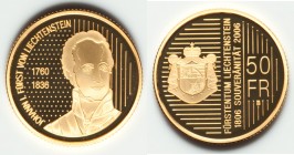 Prince Hans Adam II gold Proof 50 Franken 2006-B, Bern mint, KM-Y25. Commemorating the bicentennial of the Sovereignty. AGW 0.2852 oz.

HID098012420...
