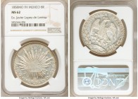 Republic 8 Reales 1858 Mo-FH MS62 NGC, Mexico City mint, KM377.10, DP-Mo44. This near choice coins exhibits a strongly frosted central design with a s...