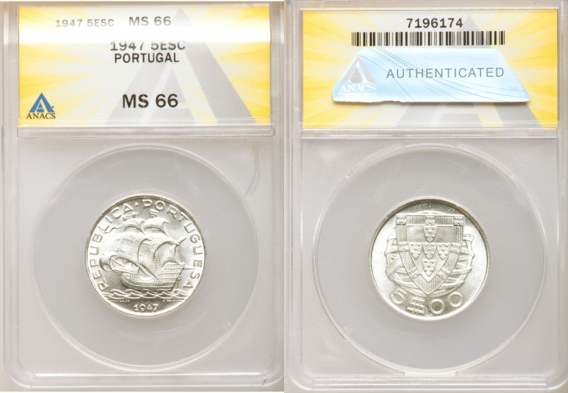 Republic 5-Piece Lot of Certified 5 Escudos 1947 MS66 ANACS, KM581. Sold as is, ...