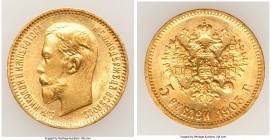Nicholas II gold 5 Roubles 1903-AP UNC, St. Petersburg mint, KM-Y62. 18mm. 4.3gm. The deep yellow-gold hues boast semi-prooflike fields on this coin a...