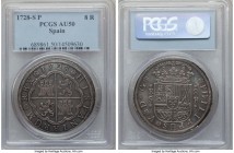 Philip V 8 Reales 1728 S-P AU50 PCGS, Seville mint, KM336.3, Cal-938. A pleasing specimen with an even, strong strike and clean surfaces. The fields e...