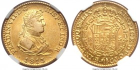 Ferdinand VII 2 Escudos 1813 M-GJ AU55 NGC, Madrid mint, KM480, Cal-207. Slight rubbing evidence over the higher parts of the King's bust; the bust a ...