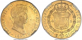 Ferdinand VII gold 4 Escudos 1820 M-GJ AU55 NGC, Madrid mint, KM484. Impressively struck with few marks for the grade and attractive semi-Prooflike re...
