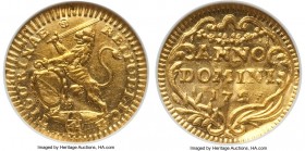 Zurich. Canton gold 1/4 Ducat 1727 AU55 ANACS, KM138, HMZ-21163q. Some waviness in the planchet was probably caused during striking. An incredibly lus...