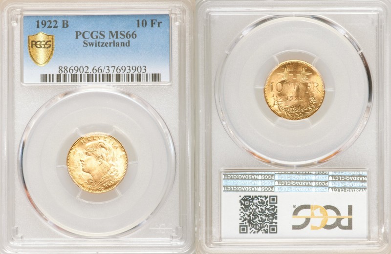 Confederation gold 10 Francs 1922-B MS66 PCGS, Bern mint, KM36. This blazing gem...