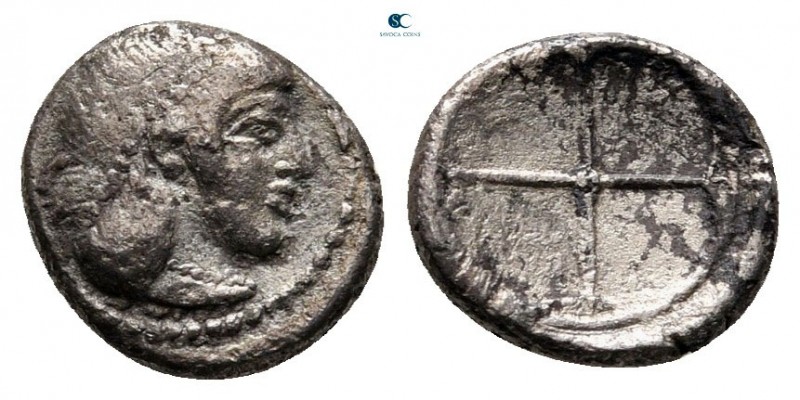 Sicily. Syracuse circa 478-466 BC. 
Litra AR

7 mm, 0,62 g

Head of Arethus...