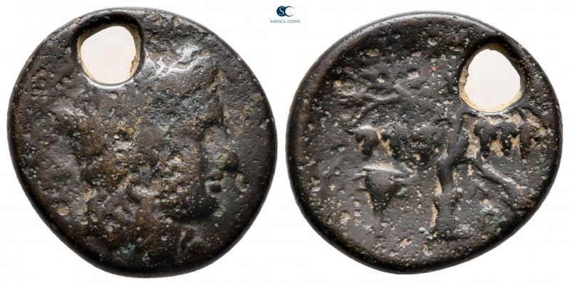 Thessaly. Eurymenai circa 352-344 BC. 
Bronze Æ

20 mm, 6,16 g

Head of Dio...