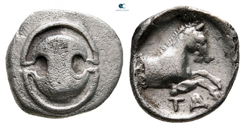 Boeotia. Tanagra circa 380-350 BC. 
Obol AR

10 mm, 0,73 g

Boiotian shield...