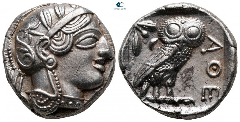 Attica. Athens circa 454-404 BC. 
Tetradrachm AR

23 mm, 17,16 g

Head of A...