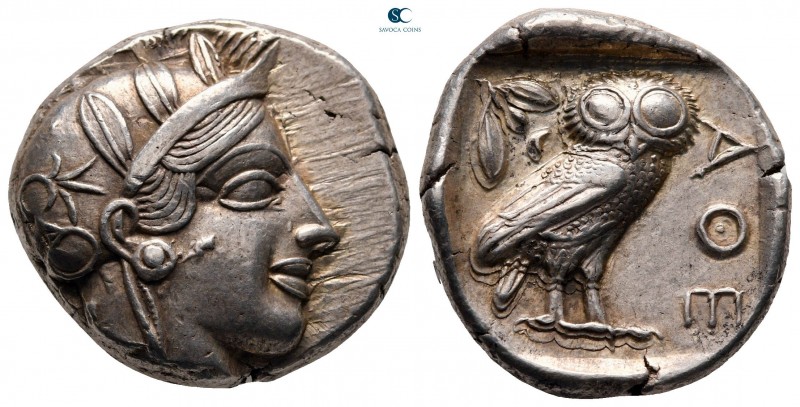 Attica. Athens circa 454-404 BC.
Tetradrachm AR

25 mm, 17,19 g

Head of At...