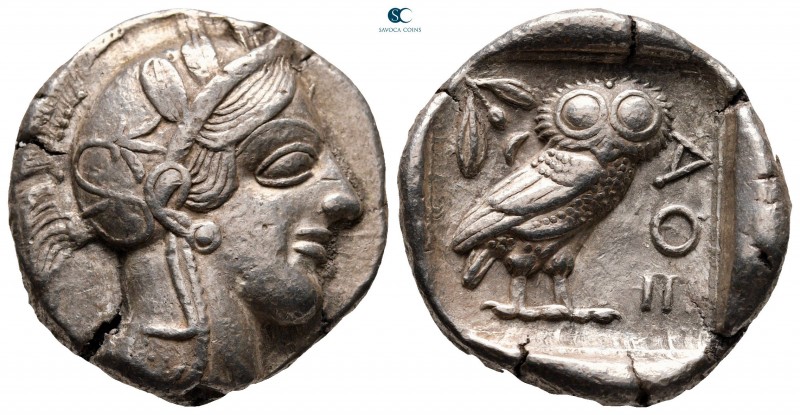 Attica. Athens circa 454-404 BC.
Tetradrachm AR

25 mm, 17,11 g

Head of At...