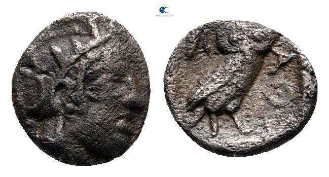 Attica. Athens circa 454-404 BC.
Hemiobol AR

6 mm, 0,30 g

Head of Athena ...