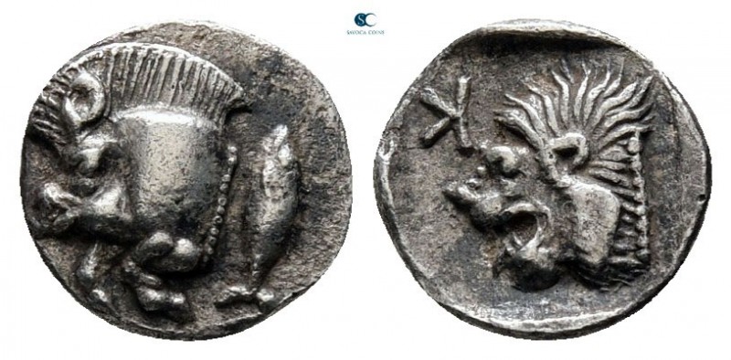 Mysia. Kyzikos circa 525-475 BC. 
Hemiobol AR

8 mm, 0,39 g

Forepart of bo...