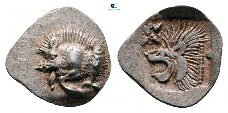 Mysia. Kyzikos circa 525-475 BC. 
Hemiobol AR

9 mm, 0,32 g

Forepart of bo...