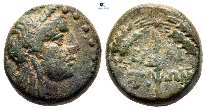 Aiolis. Elaia circa 200-0 BC. 
Bronze Æ

15 mm, 4,46 g

Head of Demeter rig...