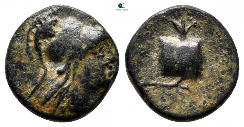 Pamphylia. Perge circa 100-75 BC. 
Bronze Æ

11 mm, 1,71 g

Helmeted bust o...