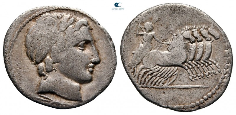 Anonymous 86 BC. Rome
Denarius AR

18 mm, 3,66 g

Laureate head of Apollo r...