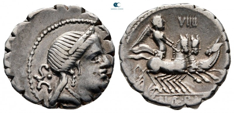 C. Naevius Balbus 79 BC. Rome
Serrate Denarius AR

17 mm, 3,76 g

Diademed ...