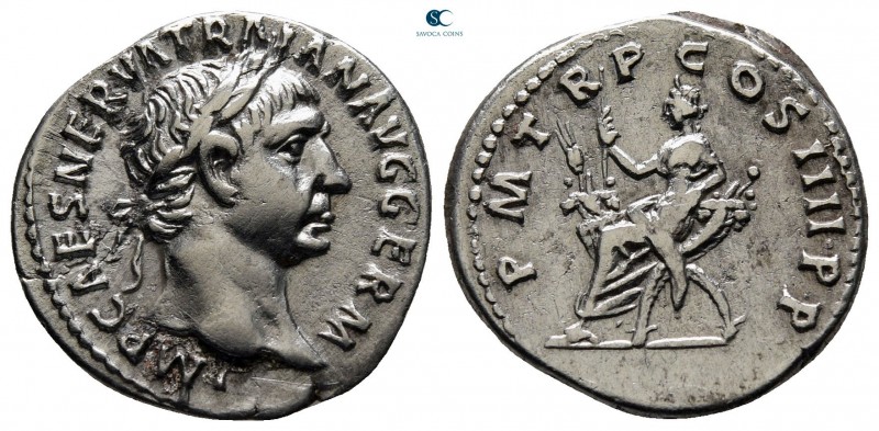 Trajan AD 98-117. Rome
Denarius AR

18 mm, 3,43 g

IMP CAES NERVA TRAIAN AV...