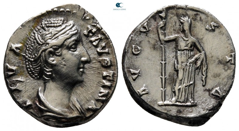 Diva Faustina I AD 140-141. Rome
Denarius AR

18 mm, 3,46 g

[D]IVA FAVSTIN...