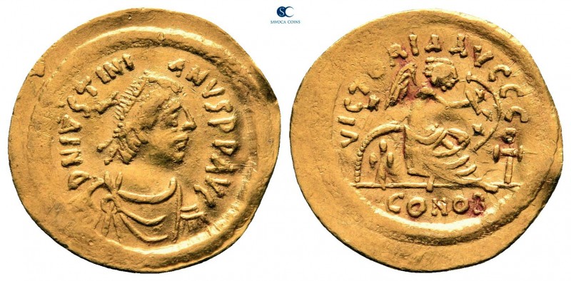 Justinian I AD 527-565. Constantinople
Semissis AV

18 mm, 2,21 g

D N IVST...