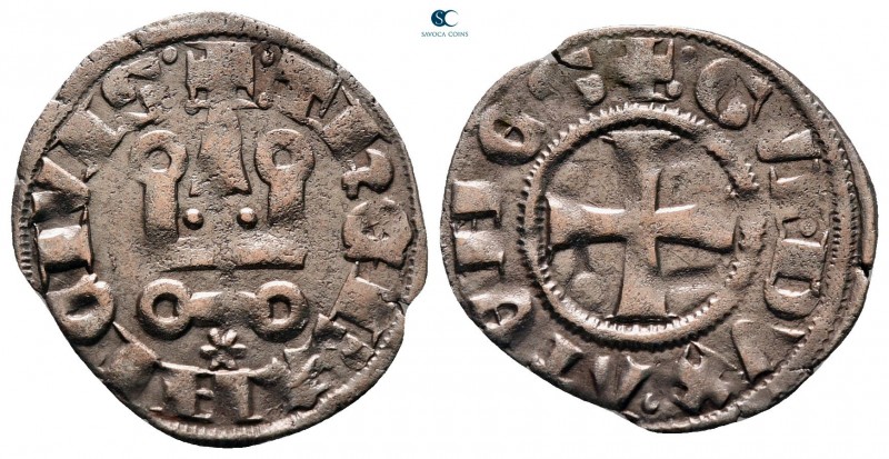 Guy II de la Roche AD 1287-1308. 
Denier Tournois BI

19 mm, 0,85 g

+ THЄB...