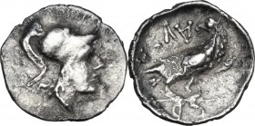 Greek Italy. Central Italy, Alba Fucens. AR Obol, c. 280-275 BC. Obv. Head of Minerva right, wearing crested Corinthian helmet. Rev. ALBA. Eagle right...