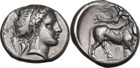 Greek Italy. Central and Southern Campania, Neapolis. AR Didrachm, c. 320-300 BC. Obv. Head of nymph right; behind, Artemis advancing right, holding t...
