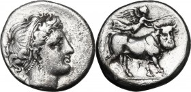 Greek Italy. Central and Southern Campania, Neapolis. AR Didrachm, circa 300-275 BC. Obv. Head of Parthenope right; behind, uncertain symbol. Rev. Man...