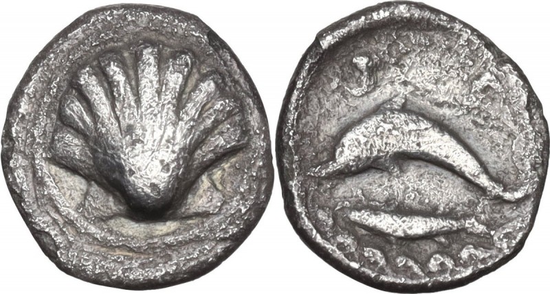 Greek Italy. Southern Apulia, Tarentum. AR Obol, 325-280 BC. Obv. Cockle shell. ...