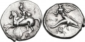 Greek Italy. Southern Apulia, Tarentum. AR Stater, c. 302-280 BC. Obv. Helmeted warrior riding horse left side-saddle, holding small round shield; NI[...