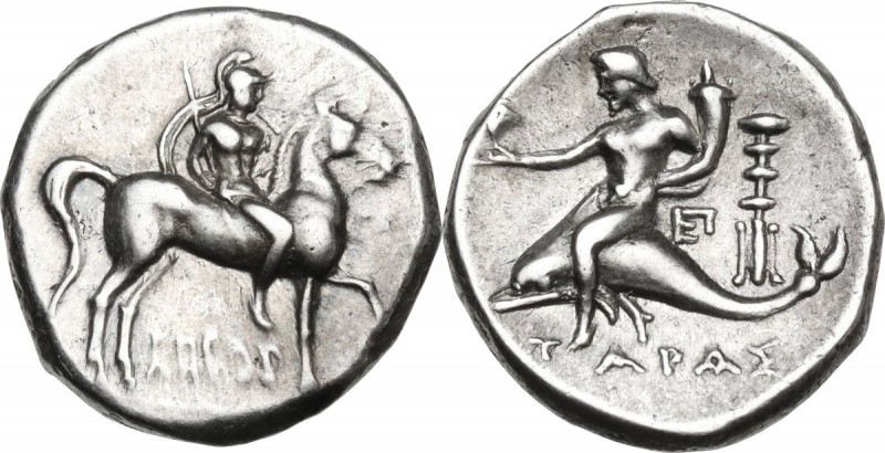 Greek Italy. Southern Apulia, Tarentum. AR Stater, c. 281-240 BC. Obv. Warrior o...